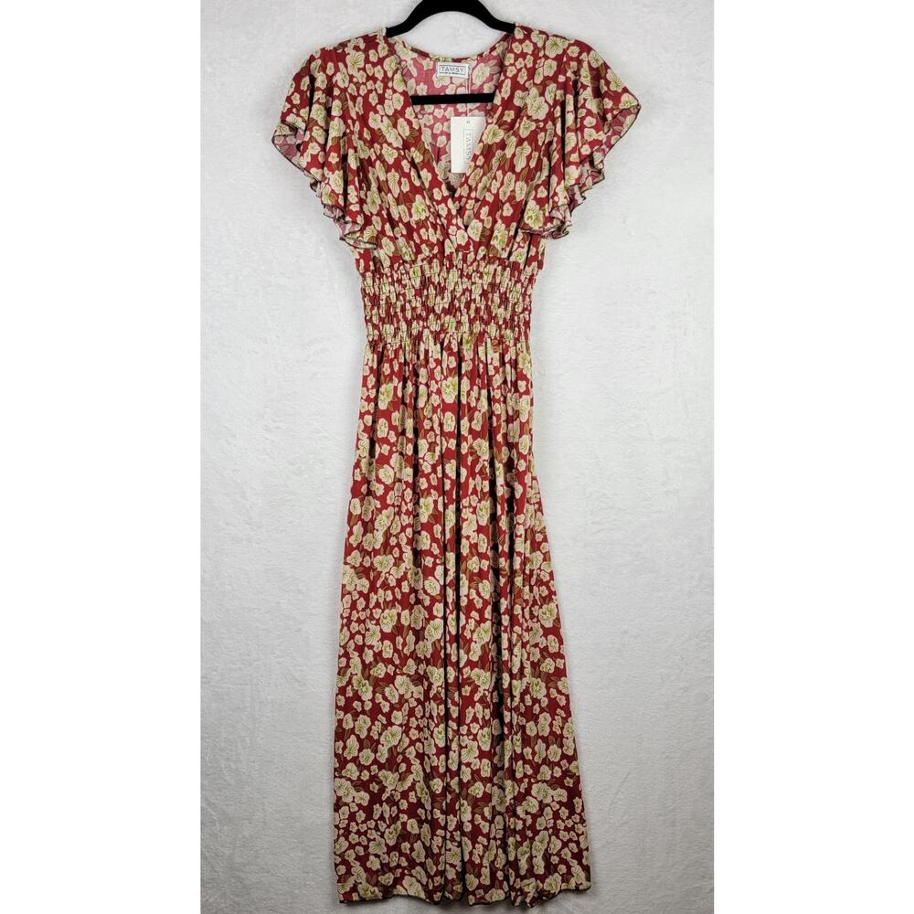Cottagecore L XL Maxi Dress Short Sleeve Ruch Waist Sheer Red White Floral VNeck
